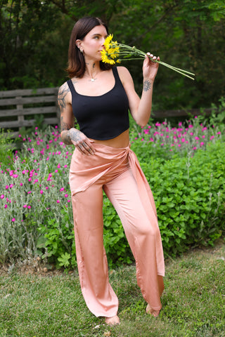 Blush Satin Wrap Wide-Leg Pants