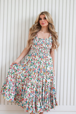 Flower Print Ruffled Strap Tiered Maxi Dress
