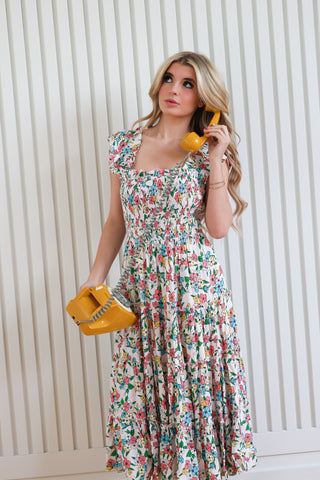 Flower Print Ruffled Strap Tiered Maxi Dress