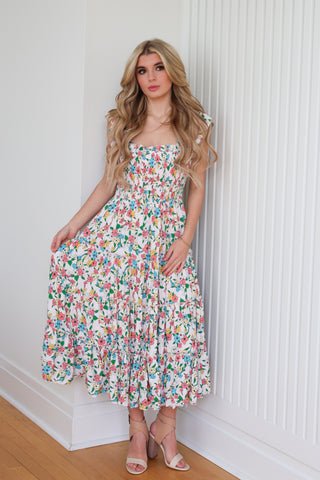 Flower Print Ruffled Strap Tiered Maxi Dress