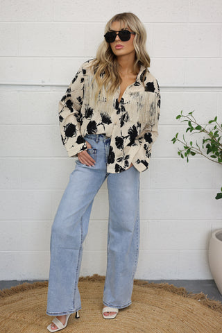 Wild Muse Fringe-Trim Printed Button-Up Top