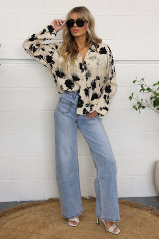 Wild Muse Fringe-Trim Printed Button-Up Top
