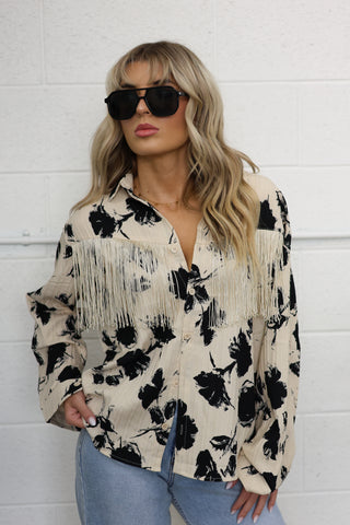 Wild Muse Fringe-Trim Printed Button-Up Top