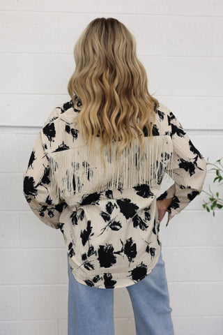 Wild Muse Fringe-Trim Printed Button-Up Top