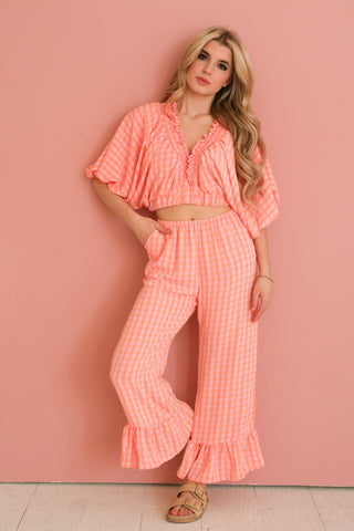 Gingham Smocked Ruffle V-neck Crop Top