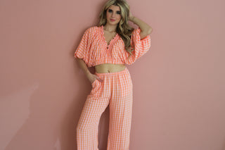 Gingham Smocked Ruffle V-neck Crop Top