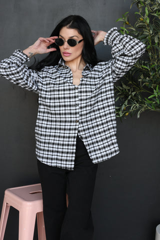 Kaci Checkered Print Shirred Cuff Top