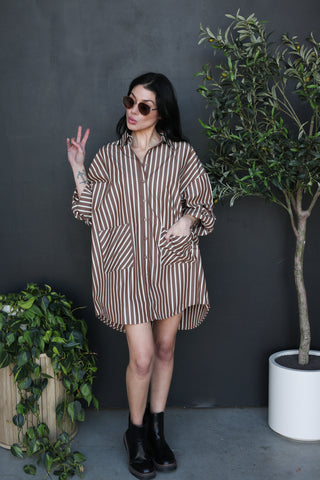 Sassy Striped Oversized Front Pockets Shirt Dress ~ Brown