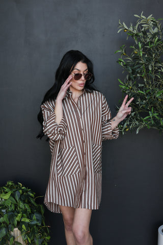 Sassy Striped Oversized Front Pockets Shirt Dress ~ Brown