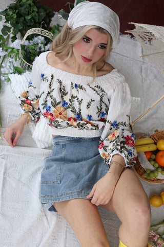 Maria Maria Floral Embroidered Off Shoulder Crop Top