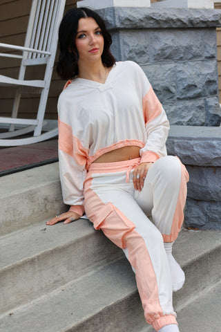 Alicia Contrast Long Sleeve Top ~ Ecru/Apricot