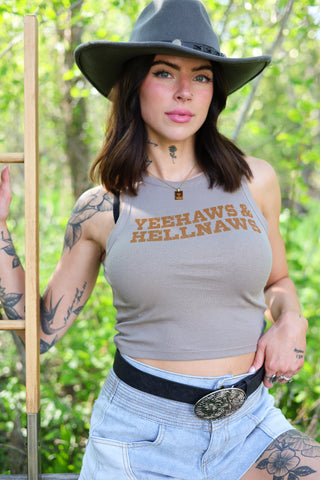 Yeehaws & Hellnaws Ribbed Tank — Taupe Graphic Crop