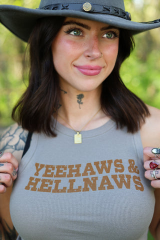 Yeehaws & Hellnaws Ribbed Tank — Taupe Graphic Crop