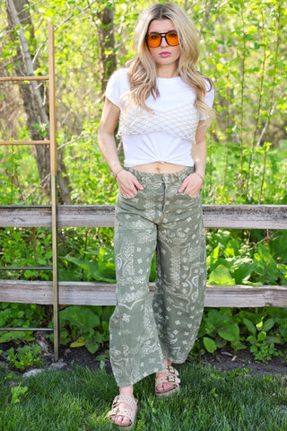 Olive Paisley Wide-Leg Jeans — Vintage Wash, Relaxed Fit