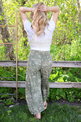 Olive Paisley Wide-Leg Jeans — Vintage Wash, Relaxed Fit