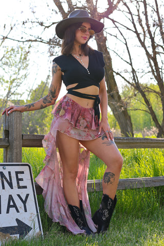 Blush Rose Cascade Floral Skort — Ruffled Chiffon High‑Low Skort
