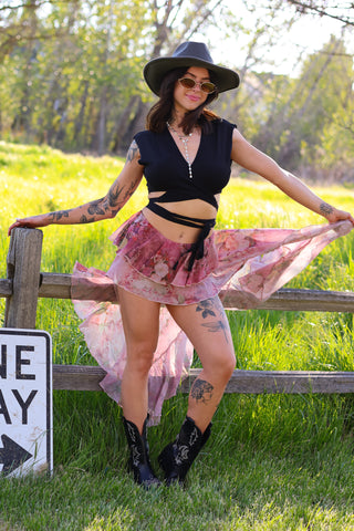 Blush Rose Cascade Floral Skort — Ruffled Chiffon High‑Low Skort