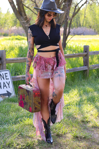 Blush Rose Cascade Floral Skort — Ruffled Chiffon High‑Low Skort