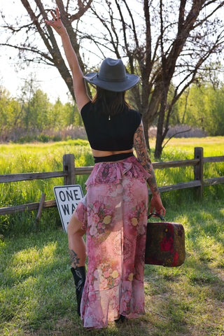 Blush Rose Cascade Floral Skort — Ruffled Chiffon High‑Low Skort