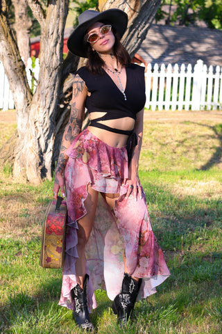 Blush Rose Cascade Floral Skort — Ruffled Chiffon High‑Low Skort
