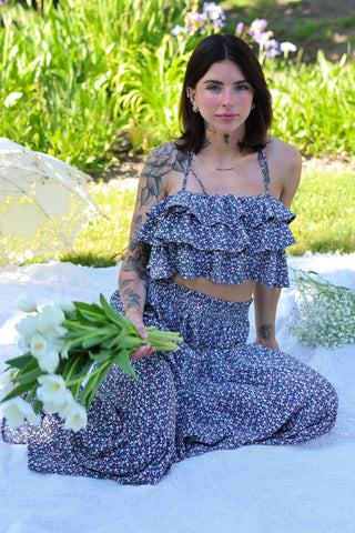 Cassidy Floral Ruffle Crop Top w/ Tiered Skirt Set - Navy