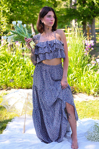 Cassidy Floral Ruffle Crop Top w/ Tiered Skirt Set - Navy