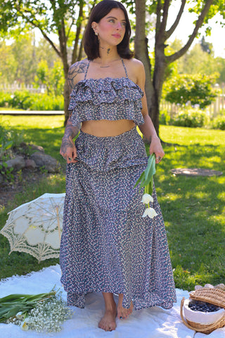 Cassidy Floral Ruffle Crop Top w/ Tiered Skirt Set - Navy