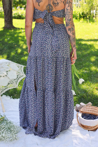 Cassidy Floral Ruffle Crop Top w/ Tiered Skirt Set - Navy