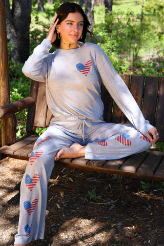 Heart American Flag Print Brushed Loungewear Bottoms