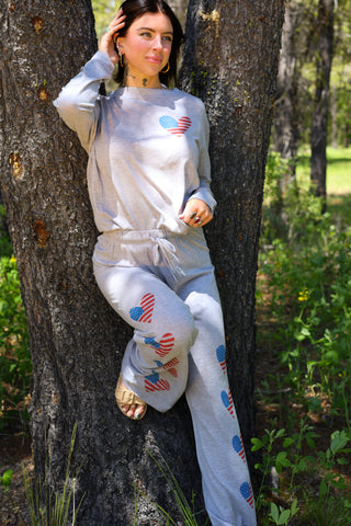 Heart American Flag Print Brushed Loungewear Bottoms