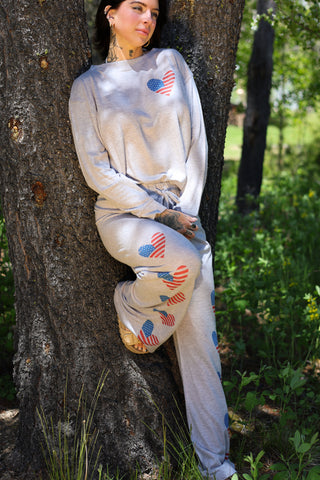 Heart American Flag Print Brushed Loungewear Bottoms