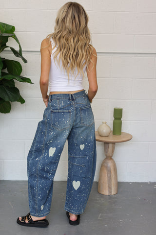 Heart Splatter Stretch Barrel Jeans