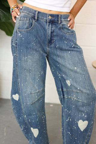 Heart Splatter Stretch Barrel Jeans