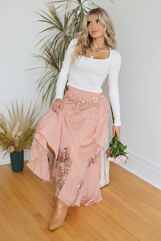 Romantic Lace Overlay Tiered Maxi Skirt
