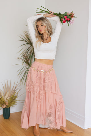 Romantic Lace Overlay Tiered Maxi Skirt