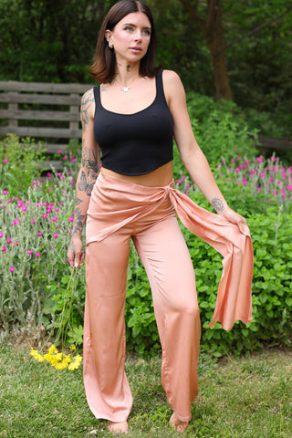 Blush Satin Wrap Wide-Leg Pants