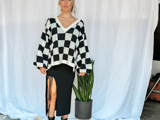 Checkmate Checkered V neck balloon sleeve sweater