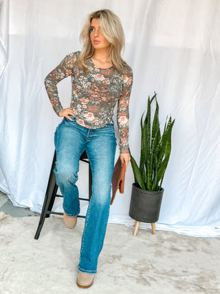 Floral Print Mesh Fitted Long Sleeve Top