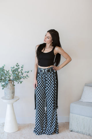 Checkerboard Knit Wide Leg Palazzo Pants