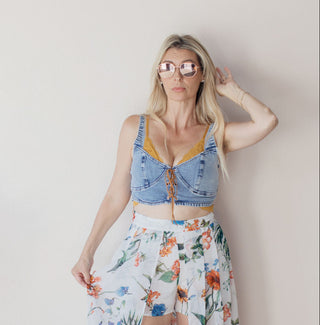 Denim Suede Lace Up Corset Crop Top