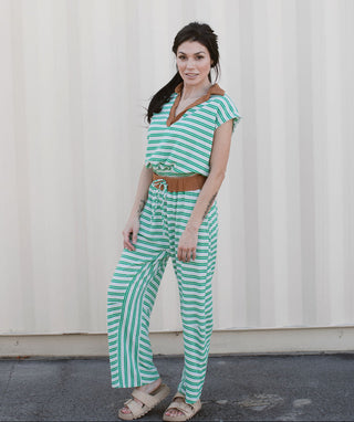 Capri collared short sleeve stripe print crop top