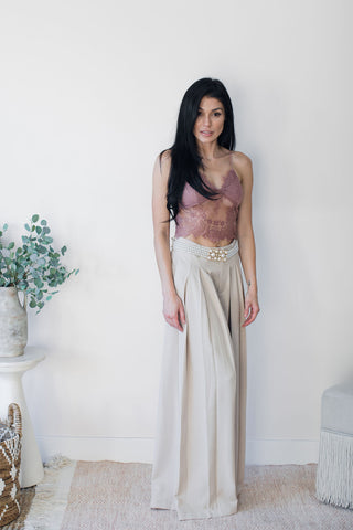 Golden Woven Pleated Pants