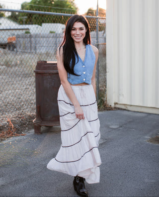 What a Beauty Contrast Tiered Tie Front Maxi Skirt ~ Pink