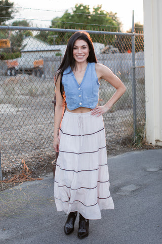 What a Beauty Contrast Tiered Tie Front Maxi Skirt ~ Pink