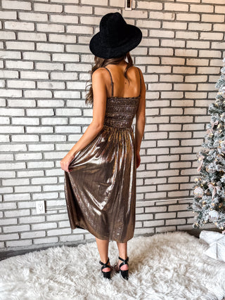 Bronze Goddess Flowy Metallic Smocked Midi Dress