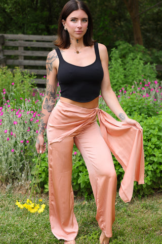 Blush Satin Wrap Wide-Leg Pants