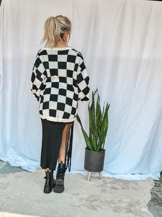 Checkmate Checkered V neck balloon sleeve sweater