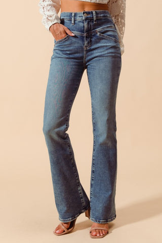 Wynona High Rise Yoke cut Flare Bottom Jeans