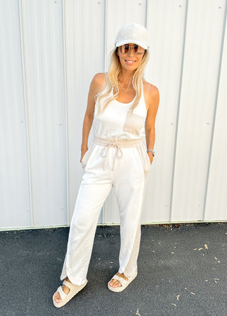 Annabelle Halter Jumpsuit ~ White and Seashell