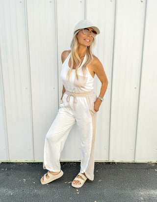 Annabelle Halter Jumpsuit ~ White and Seashell